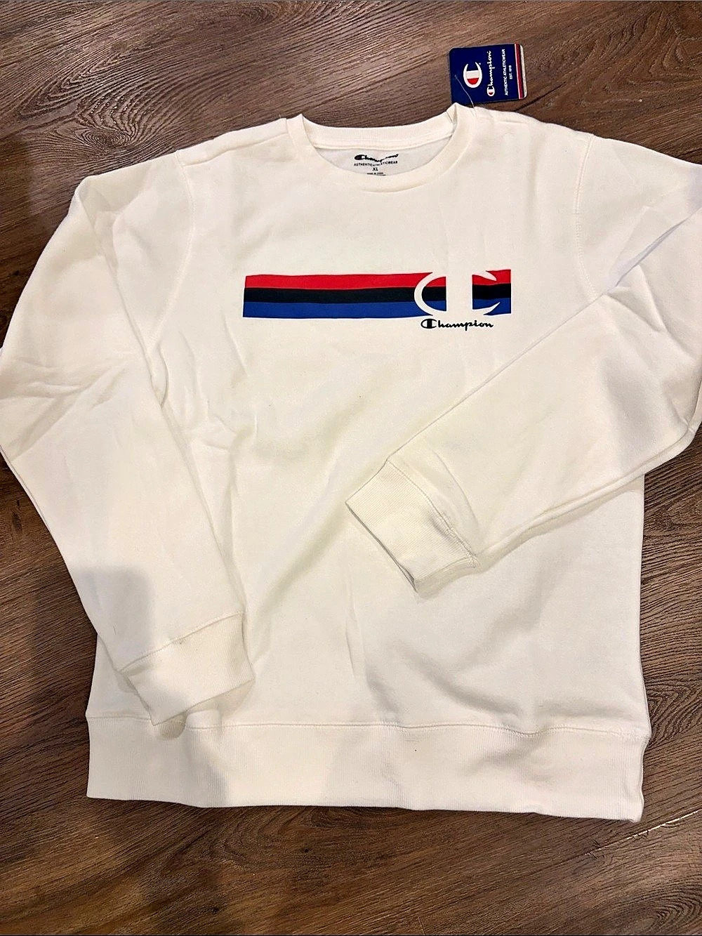 Champion Multi Stripe C Script Fleece Crew Sweatshirt White - boys size 14/16